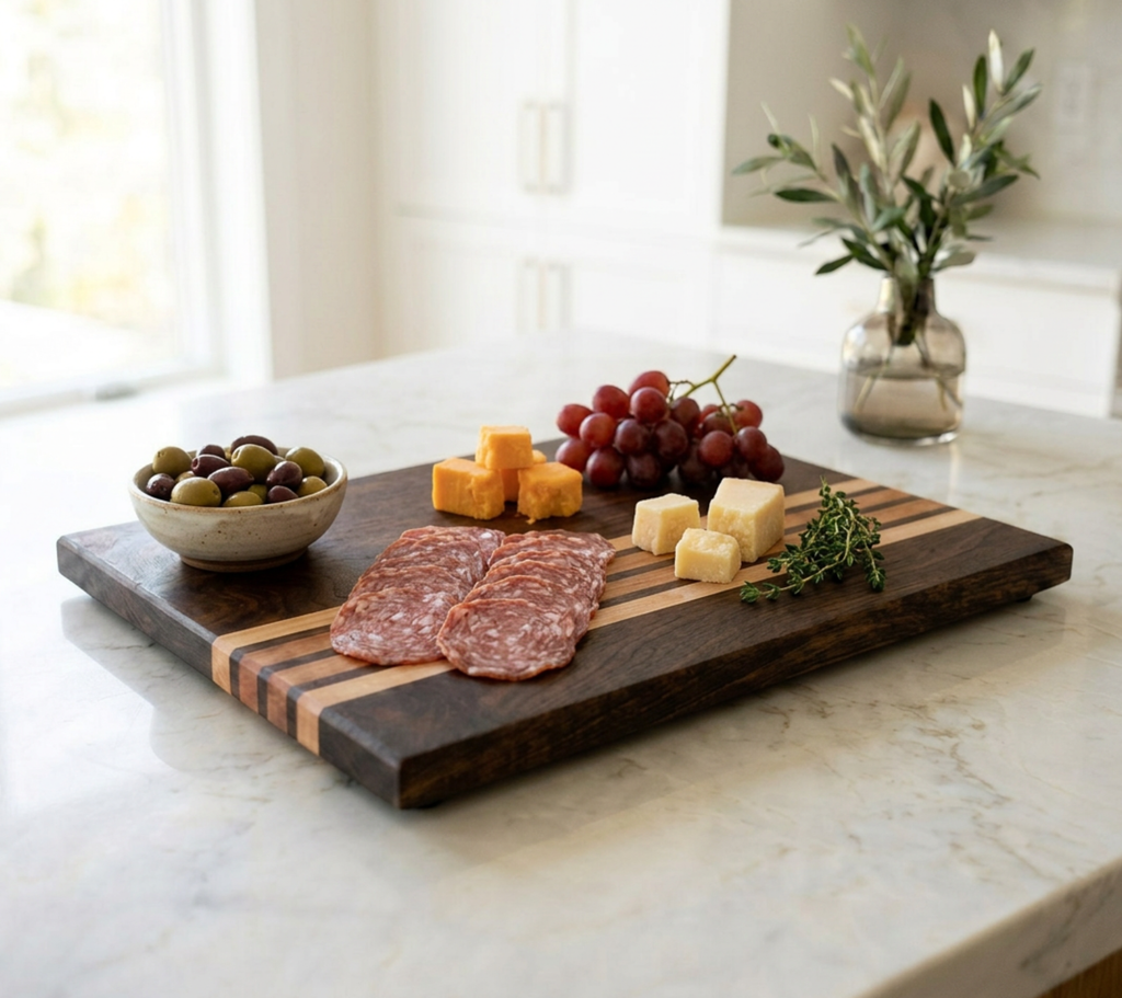 Handmade Walnut Cherry and Maple Cutting Board | Non-Slip Kitchen Prep, Charcuterie Serving Board