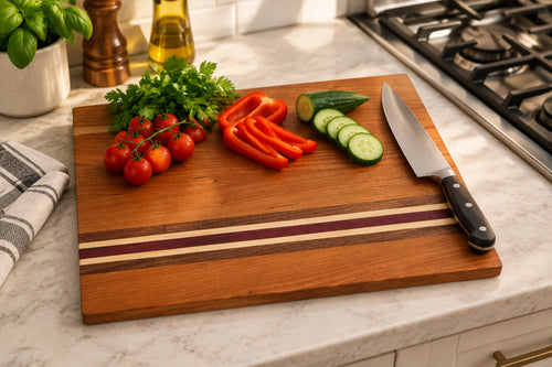 Handmade cherry cutting board with walnut, maple, and purple heart accent strips, non-slip rubber feet, 16 by 12 inches