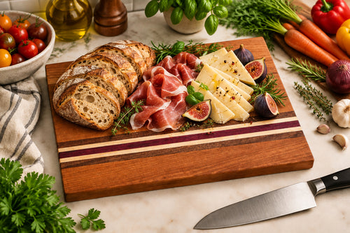 Handmade cherry cutting board with walnut, maple, and purple heart accent strips, non-slip rubber feet, 16 by 12 inches