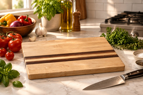 Handmade maple cutting board with walnut and cherry accent stripes, non-slip rubber feet, 16 by 12 inches