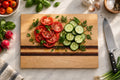 Handmade maple cutting board with walnut and cherry accent stripes, non-slip rubber feet, 16 by 12 inches