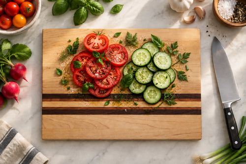 Handmade maple cutting board with walnut and cherry accent stripes, non-slip rubber feet, 16 by 12 inches