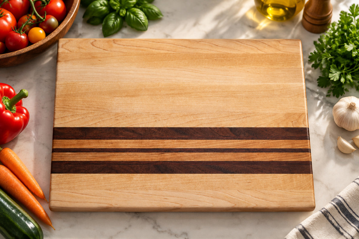 Handmade maple cutting board with walnut, cherry, and purple heart accent strips, non-slip rubber feet, 16 by 12 inches