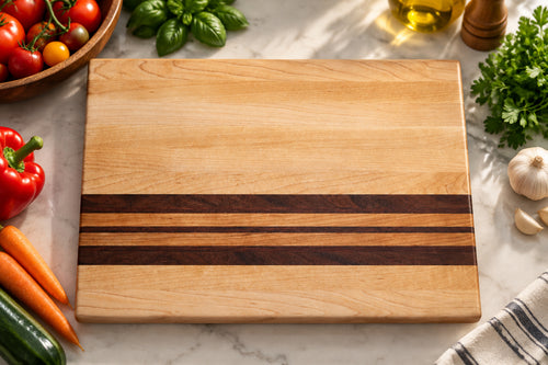 Handmade maple cutting board with walnut, cherry, and purple heart accent strips, non-slip rubber feet, 16 by 12 inches