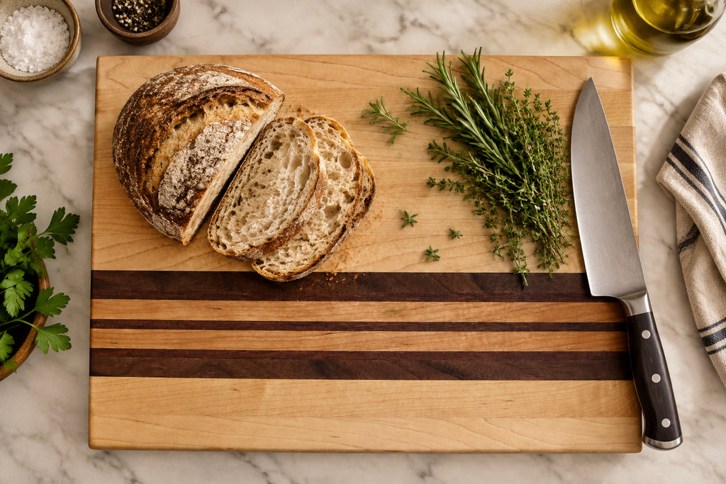 Handmade maple cutting board with walnut, cherry, and purple heart accent strips, non-slip rubber feet, 16 by 12 inches