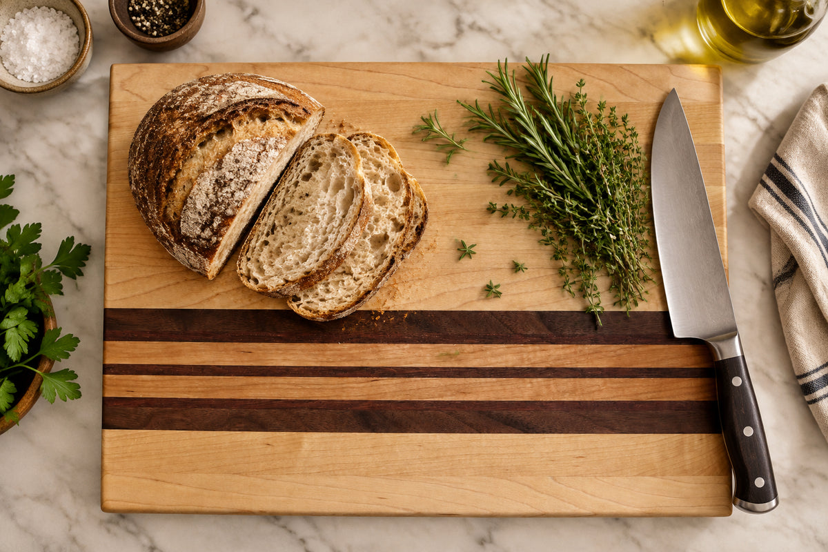 Handmade maple cutting board with walnut, cherry, and purple heart accent strips, non-slip rubber feet, 16 by 12 inches