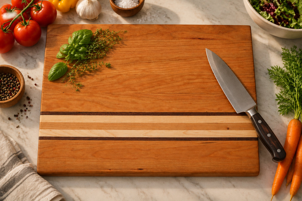 Handmade cherry cutting board with walnut and maple accent strips, non-slip rubber feet, 16 by 12 inches