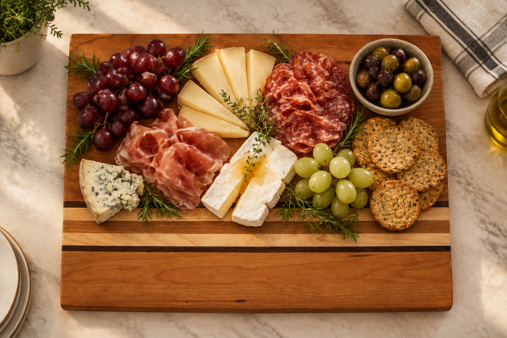 Handmade cherry cutting board with walnut and maple accent strips, non-slip rubber feet, 16 by 12 inches